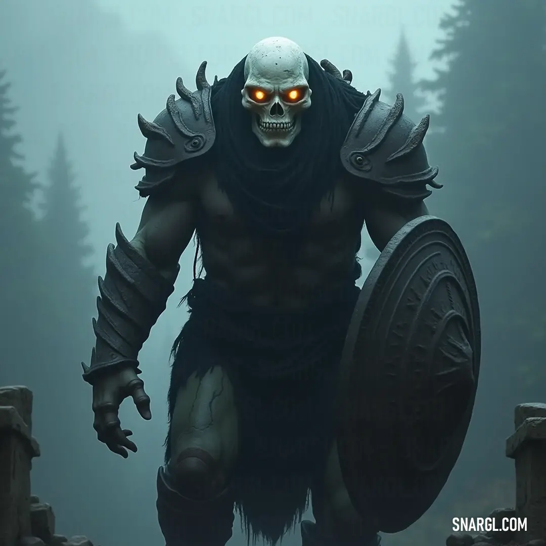 In the heart of a haunting forest, an eerie Undead Sentinel stands with armored might and glowing eyes, embodying a fierce guardian lost among the whispering trees and swirling mists. A formidable Undead Sentinel, clad in grim armor, looms within a fog-drenched forest. With his massive shield raised high and piercing, glowing eyes, he stands ready for an unseen battle against the shadows that encircle him.