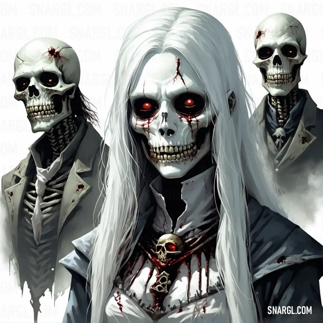 Couple of creepy looking skeletons with long hair and red eyes and a white wig