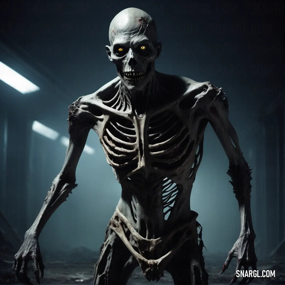 Creepy looking skeleton standing in a dark room with a light shining on it's face and arms