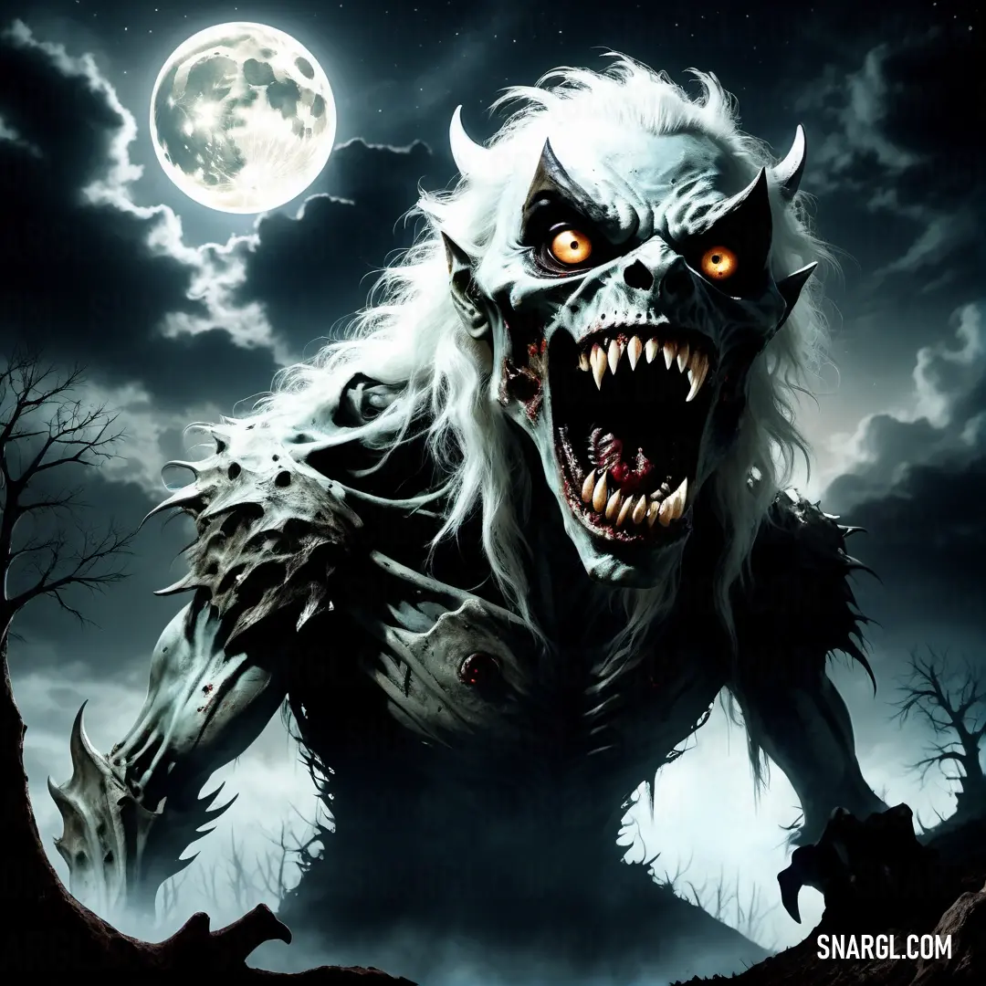 Creepy Undead with big teeth and big teeth on his face is in front of a full moon