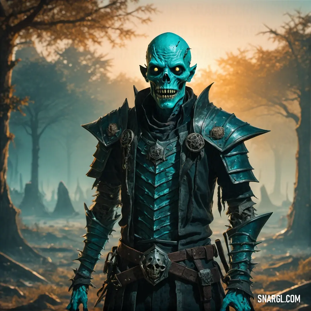 Undead in a blue costume standing in a forest with trees and a sun behind him and a creepy face