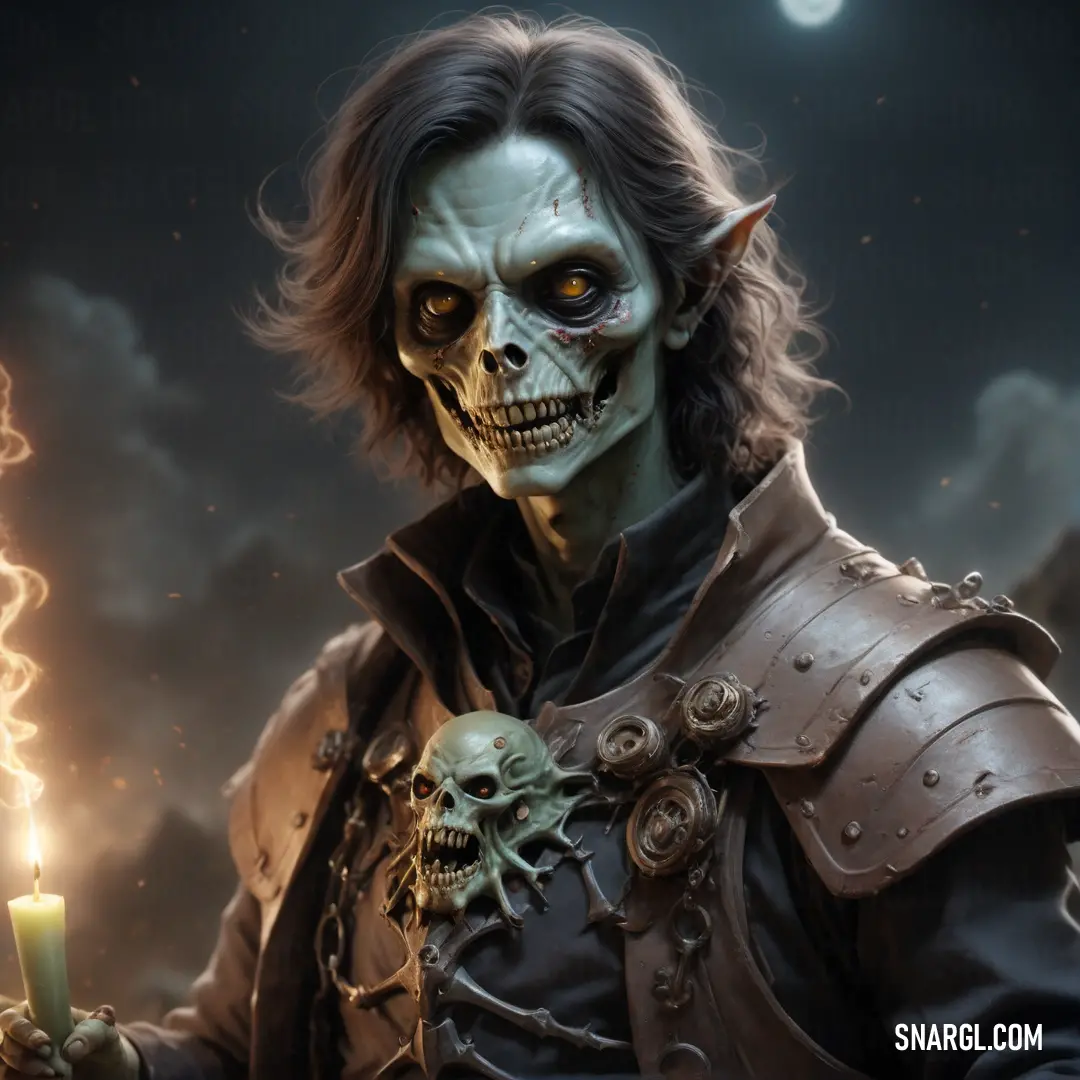 Undead in a costume holding a candle in his hand and a skull on his arm with a green glow