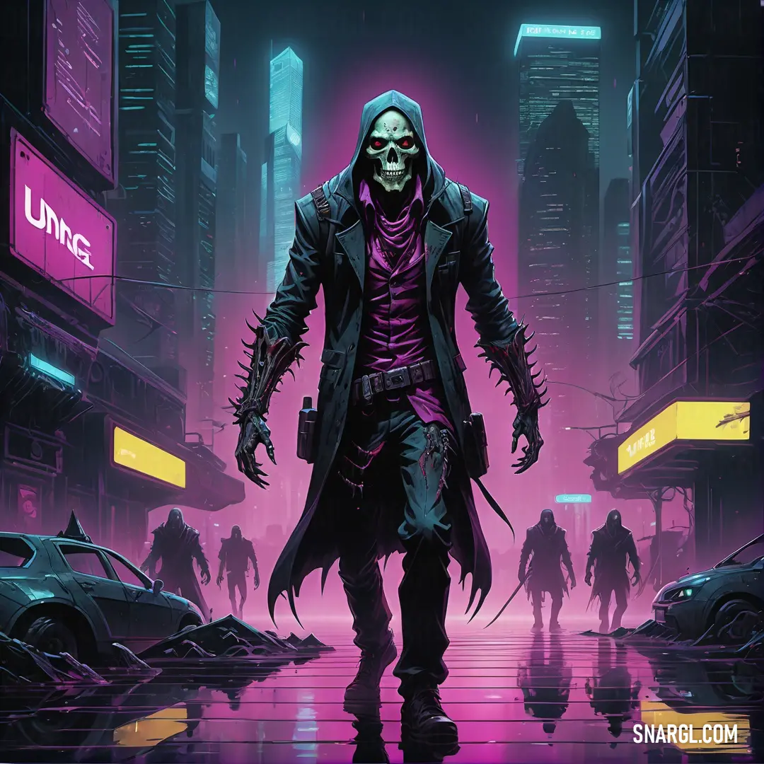 Undead in a purple outfit walking through a city at night with a neon purple background