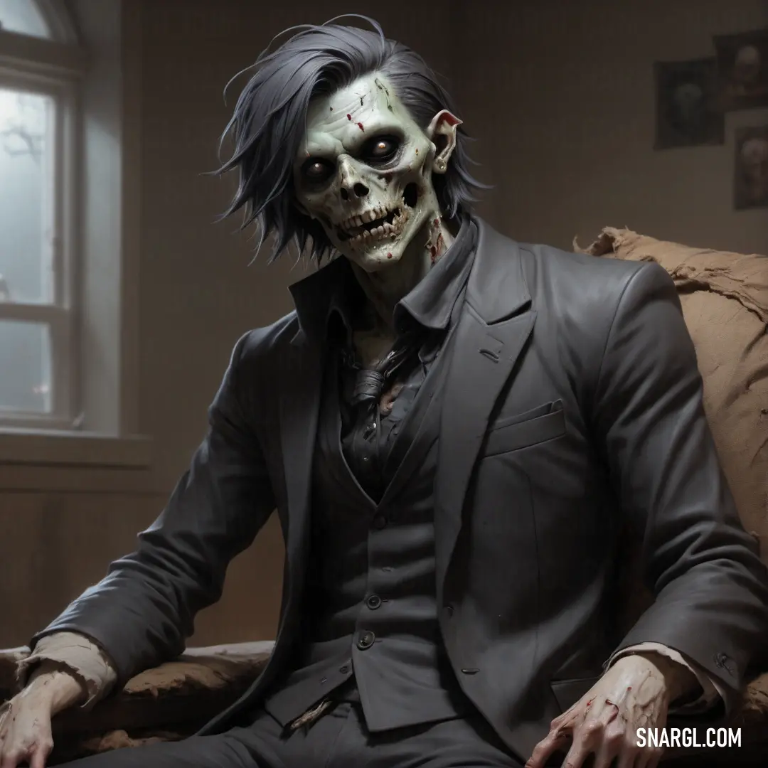 Undead in a suit and mask on a couch in a room with a window and a clock