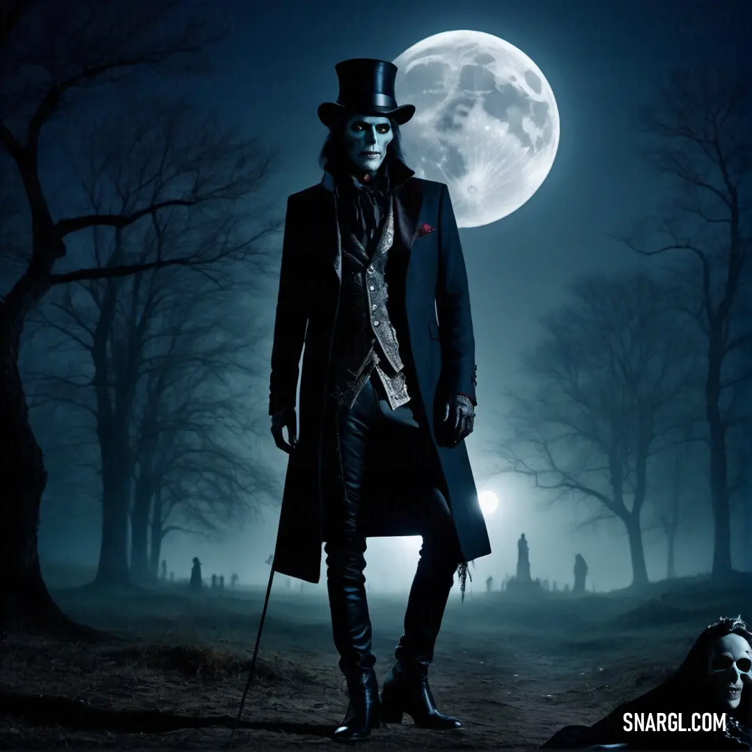 Undead in a top hat and coat standing in a cemetery with a full moon behind him and a creepy looking face