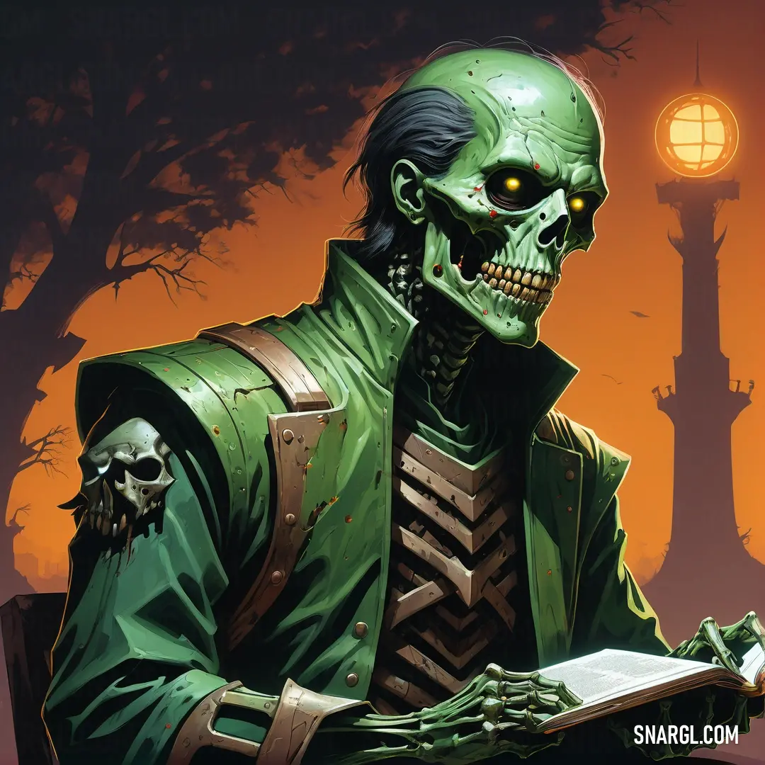 Undead dressed in green holding a book in his hands and a lantern in the background