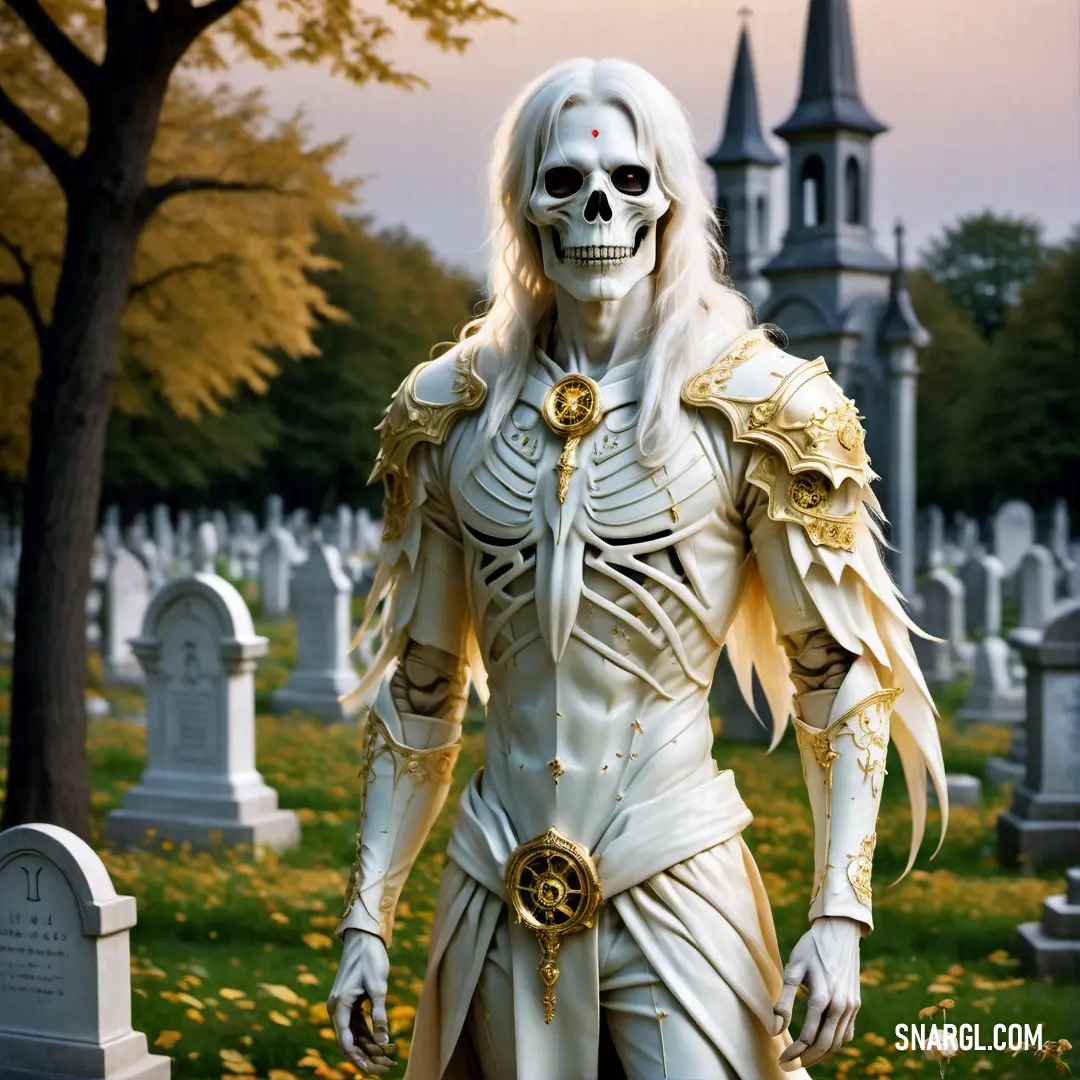 Undead dressed in white standing in a cemetery with a clock tower in the background and a cemetery