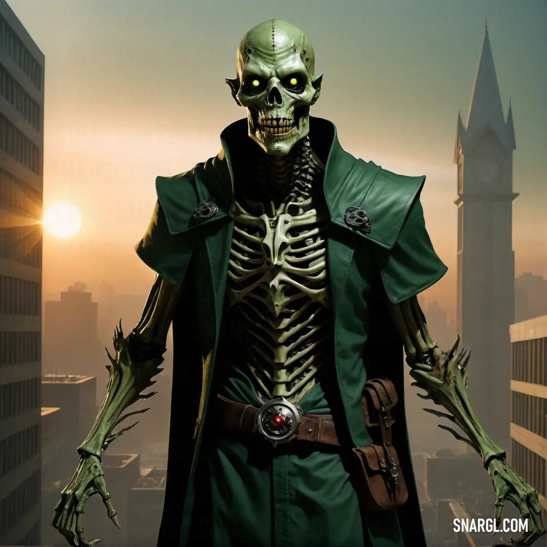 Undead dressed in a green costume standing in front of a city skyline at sunset with a clock tower in the background