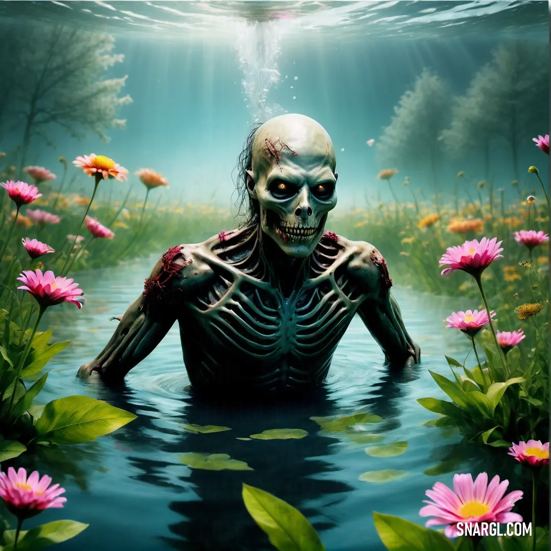 Undead in a body of water surrounded by flowers and plants with a sunbeam above it and a body of water