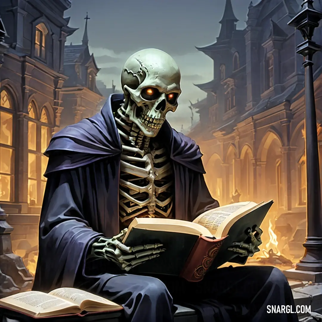 Undead on a bench reading a book in a graveyard with a lit candle in the background