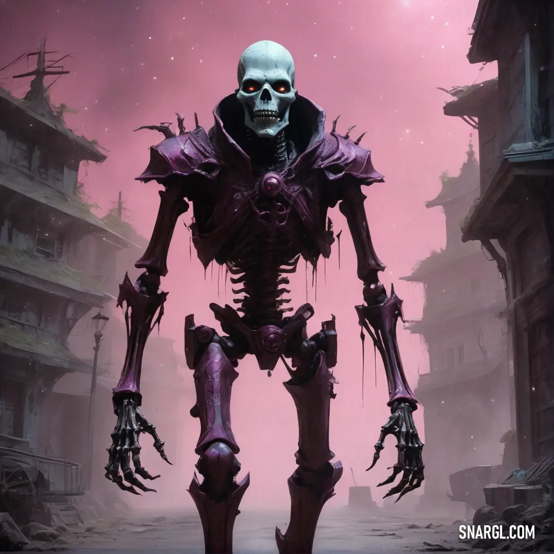 Undead standing in a street with a pink sky behind it and a building in the background