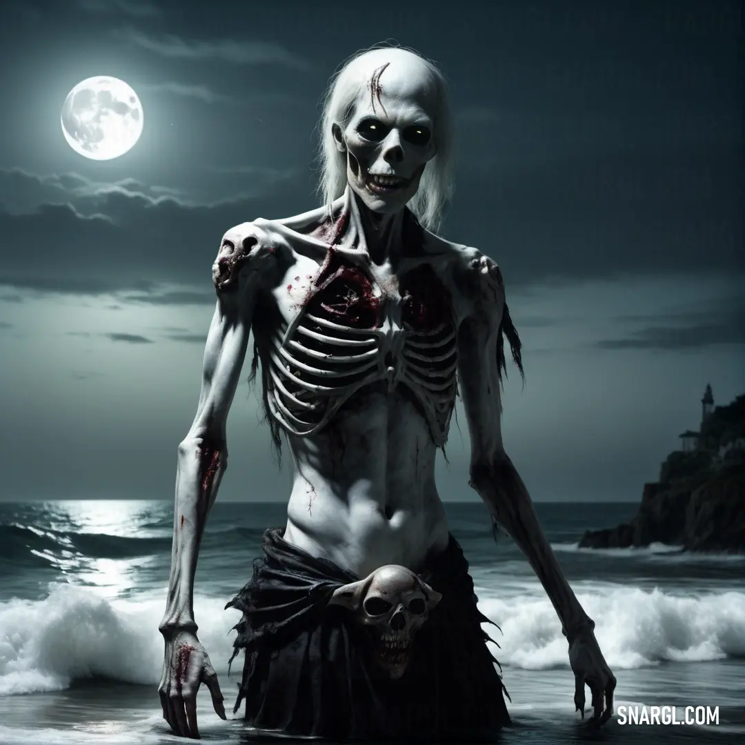 Undead standing in the ocean with a full moon in the background