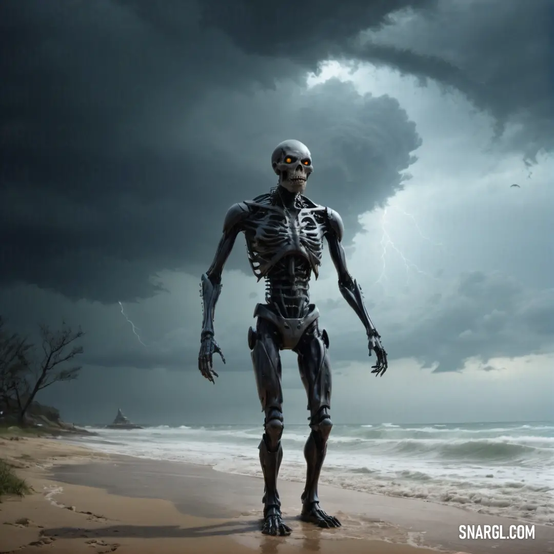 Skeleton standing on a beach in front of a storm cloud with lightning in the sky