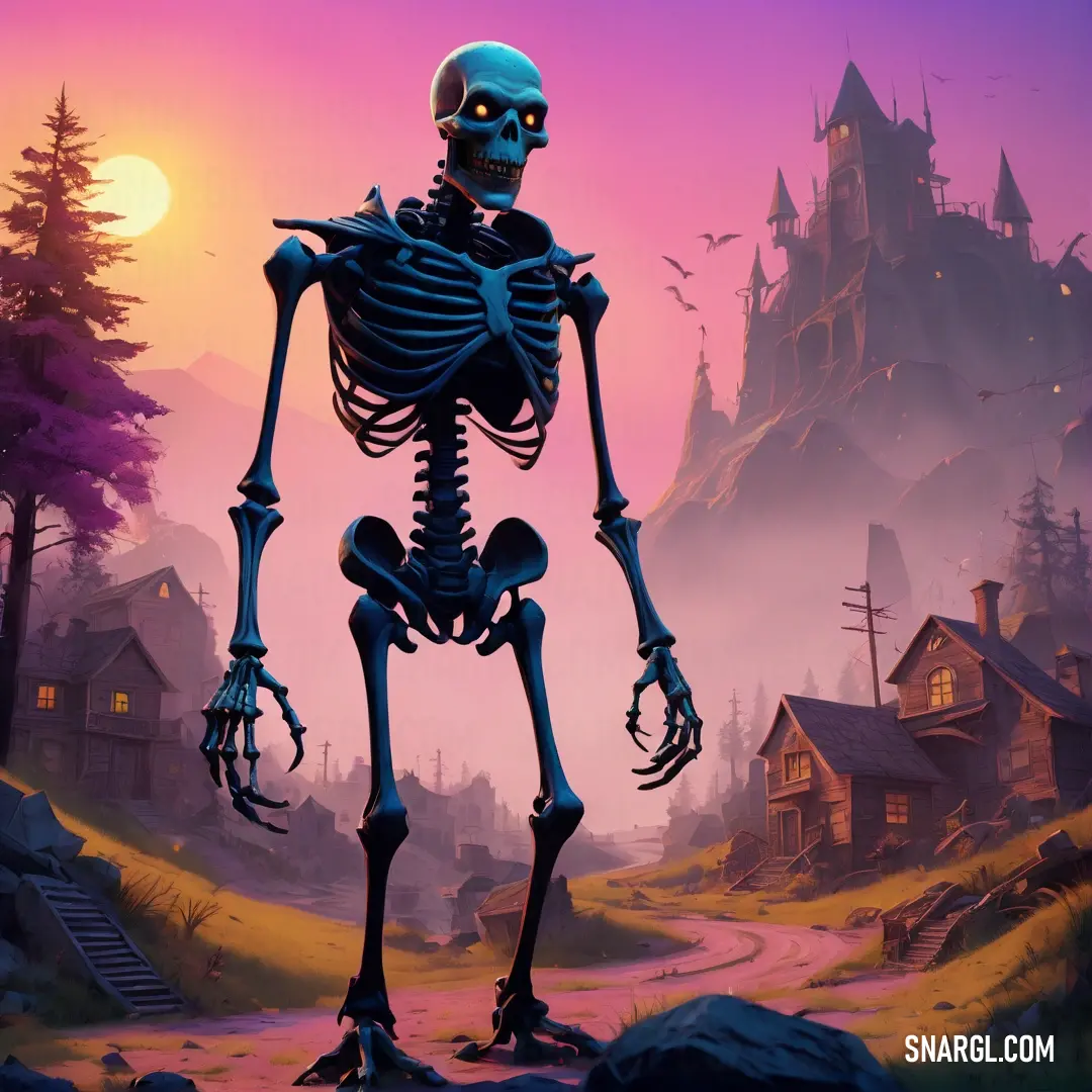 Skeleton standing in front of a castle with a full moon in the background and a Undead flying over it