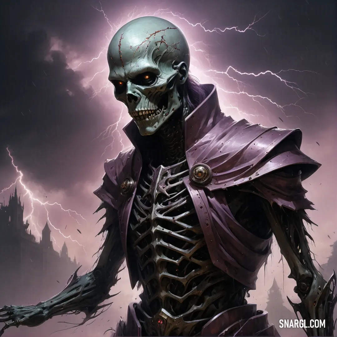 Undead with a helmet and a cape on standing in front of a lightning storm with a castle in the background