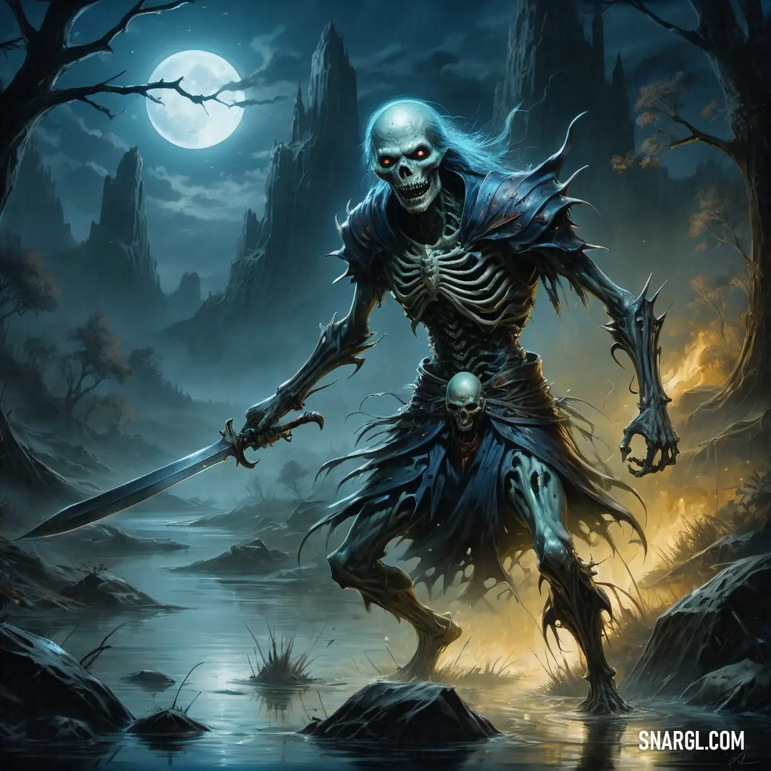 Undead with a sword in a forest by a lake at night with a full moon in the sky