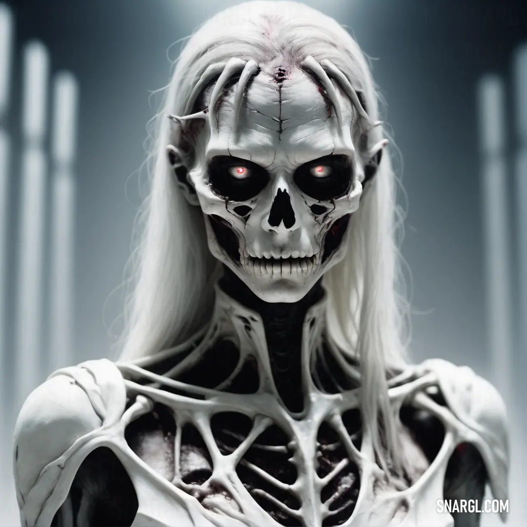 Undead with red eyes and white hair is standing in a dark room with columns