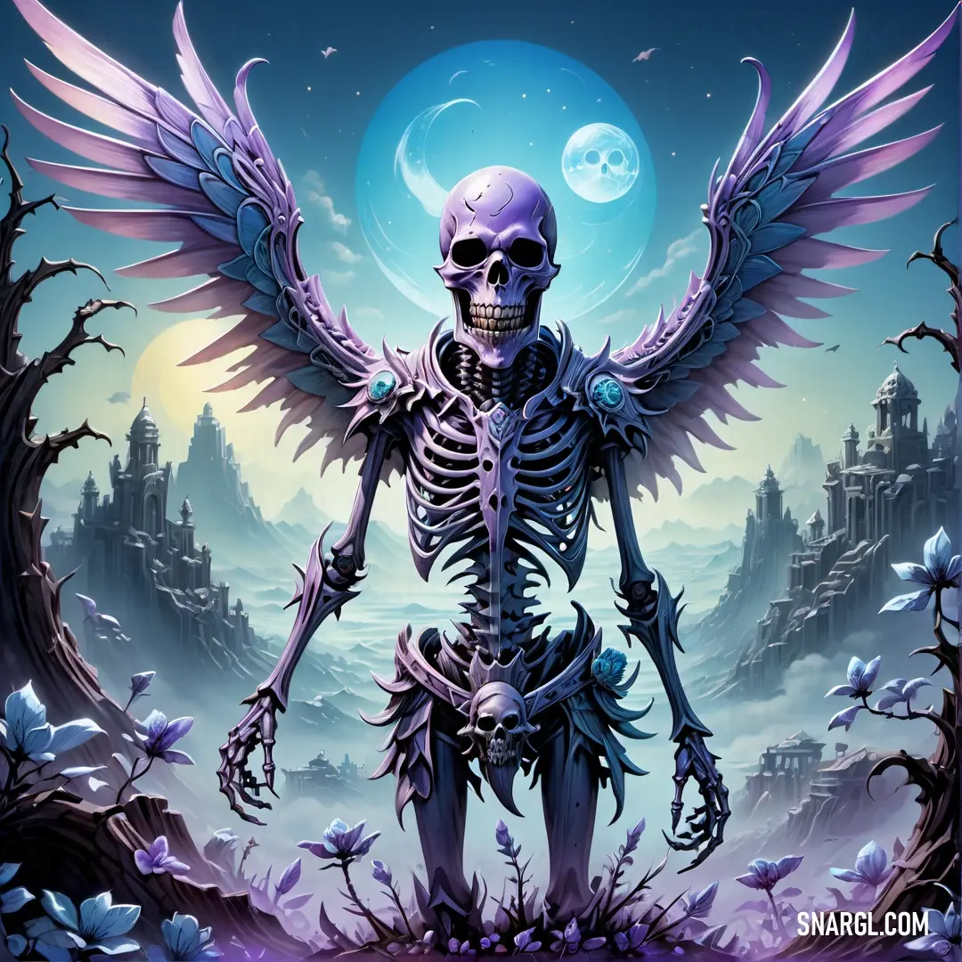 Undead with wings standing in a field of flowers and trees with a full moon in the background