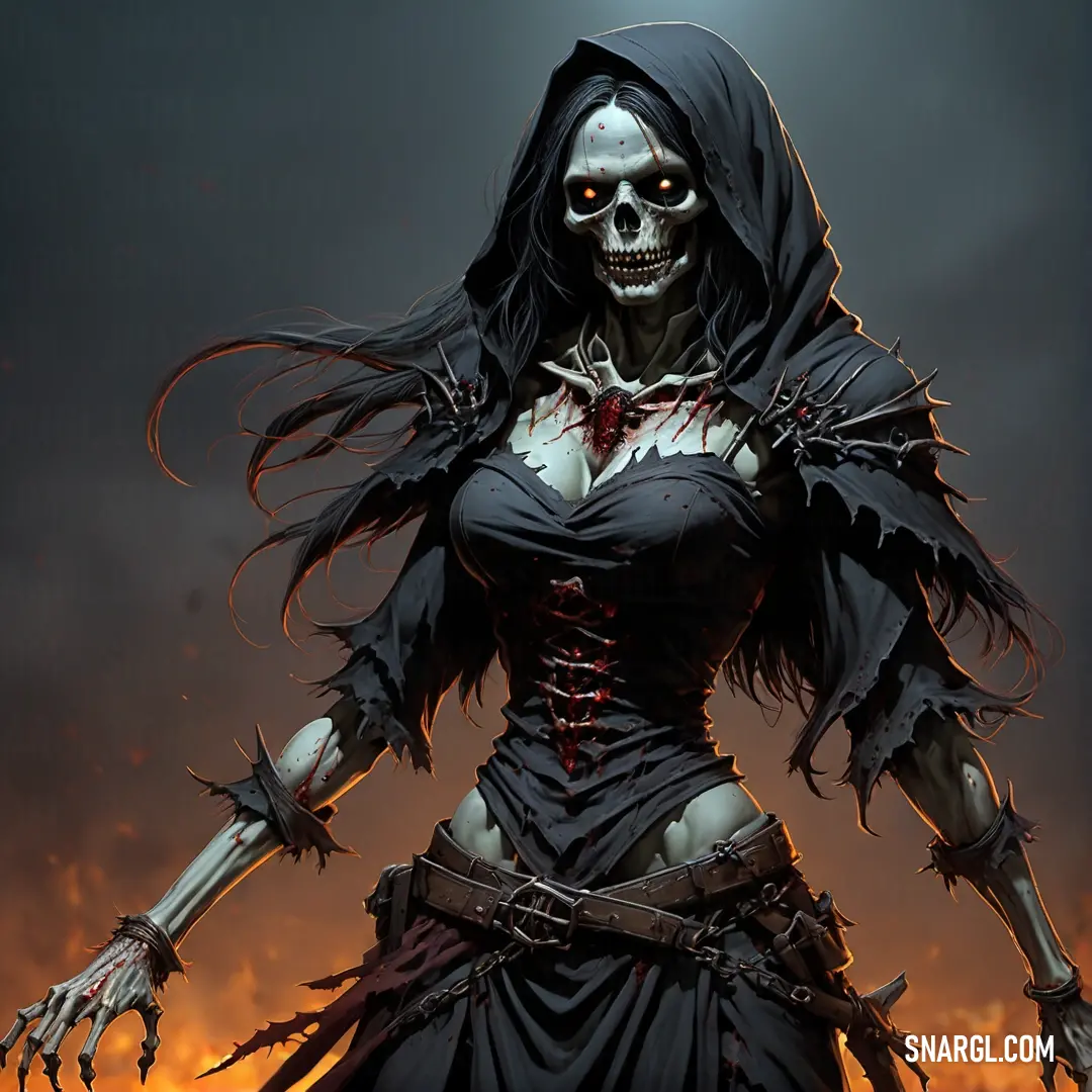 Undead dressed in a black dress with a hood and a bloody face and arms