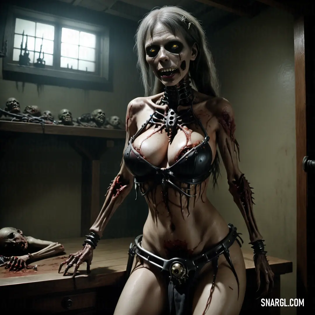 Undead in a creepy costume standing in a room with a table and a mirror behind her and a skeleton on the wall