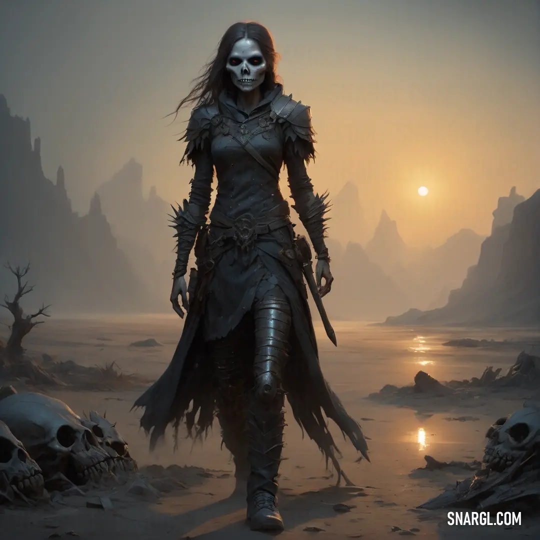 Undead in a skeleton costume standing in a desert area with a skull on her head and a full body of water