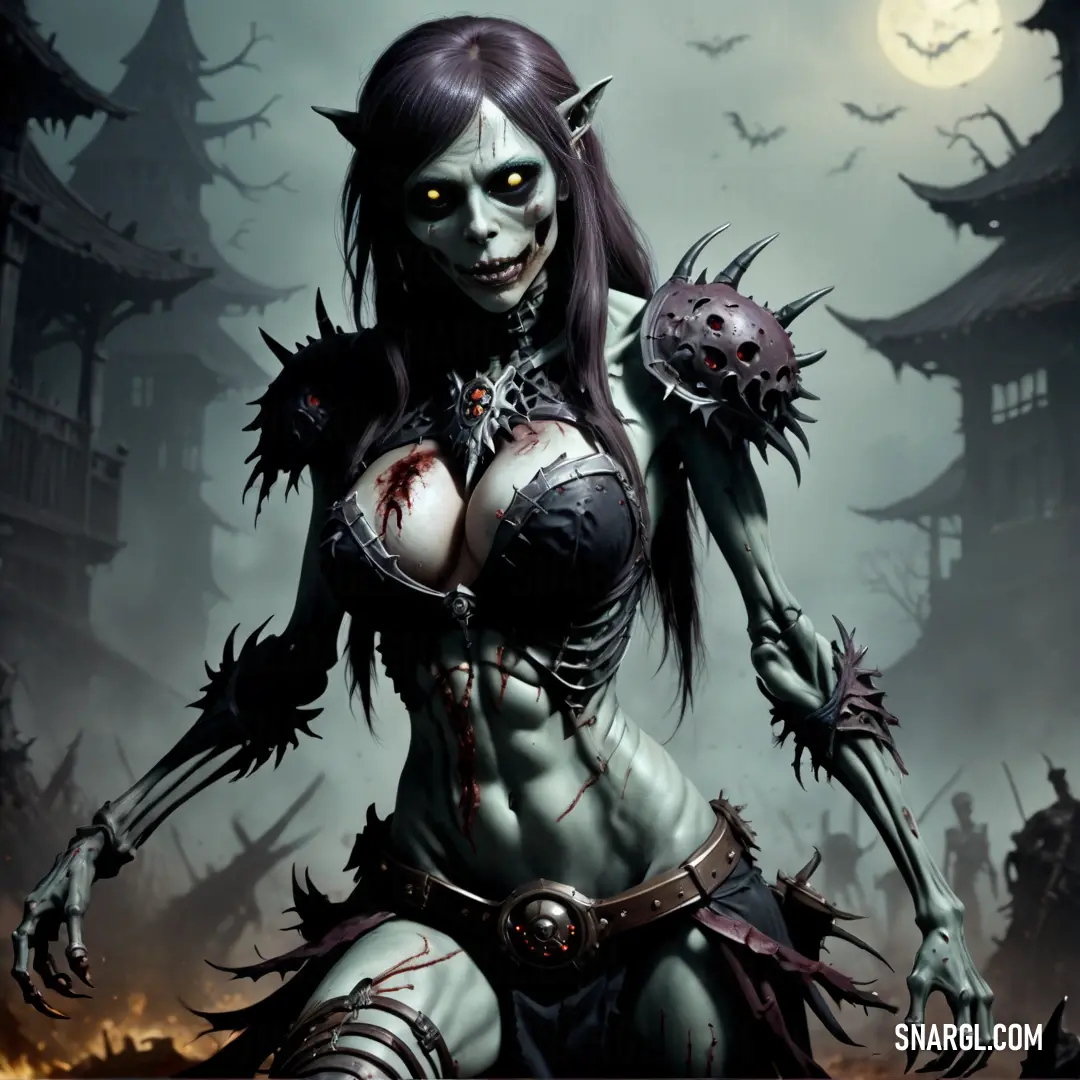 Undead with a creepy face and a demon like outfit is standing in front of a graveyard with a full moon