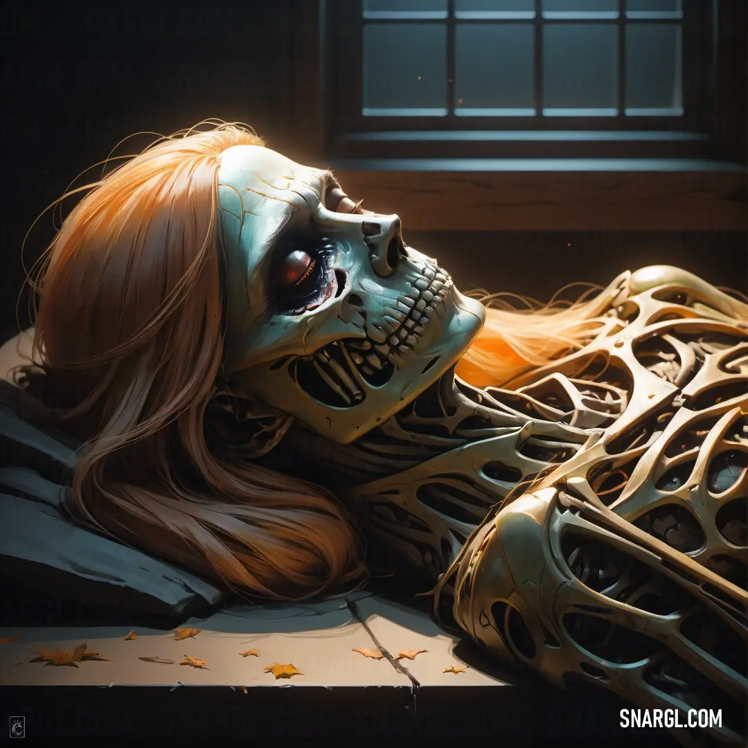 Undead with long hair and a skeleton costume laying on a bed with her eyes closed and her head turned to the side