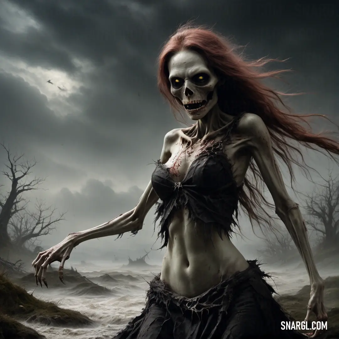 Undead with red hair and makeup in a creepy costume with a creepy face and a creepy dress with a black skirt