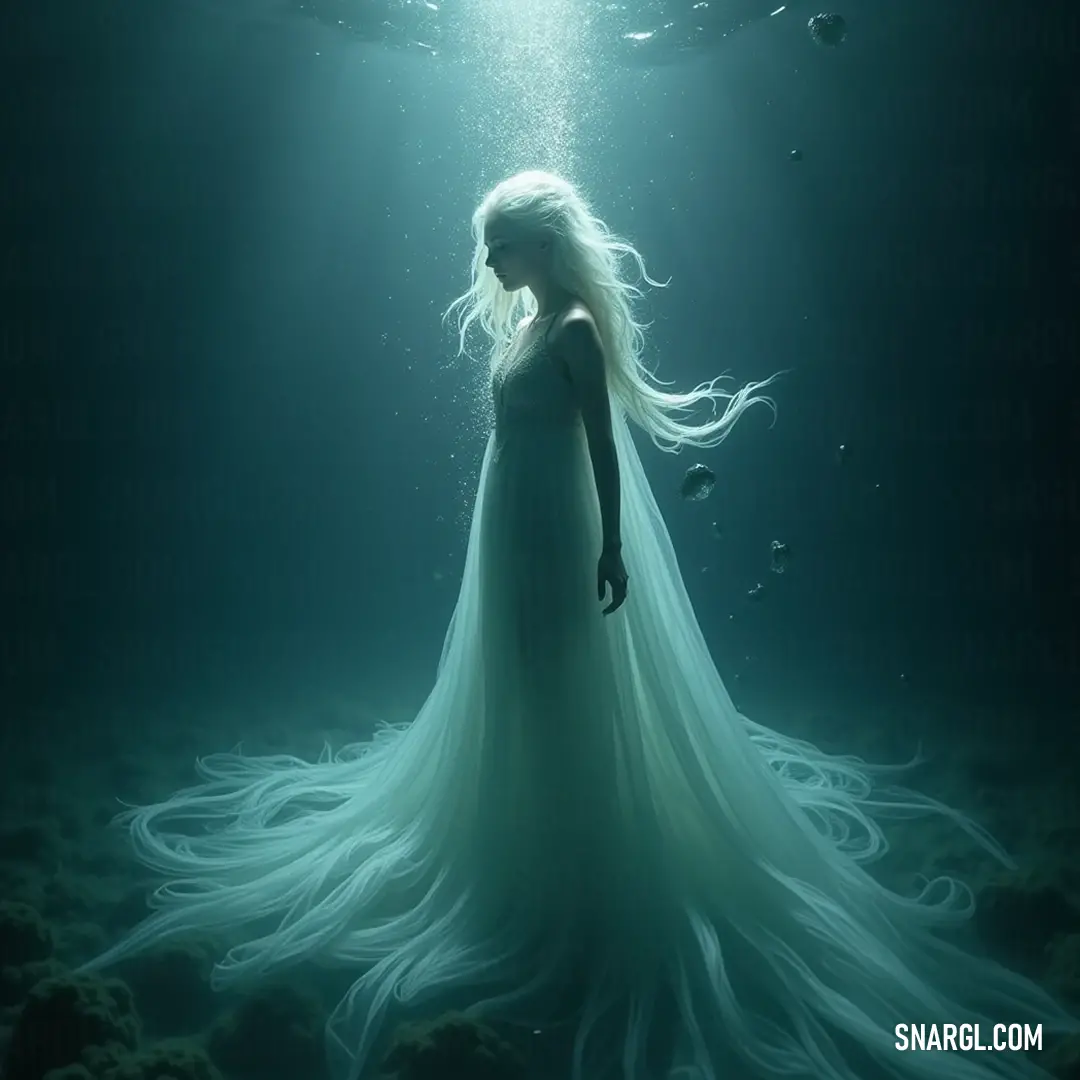 Enchanting Undine in a flowing white dress, surrounded by swirling bubbles beneath the water's surface, embodying the allure of the aquatic world. A mystical figure of an undine gracefully suspended underwater, enveloped by ethereal bubbles that drift lazily around her, creating a serene and enchanting atmosphere that captures the beauty of the underwater realm.