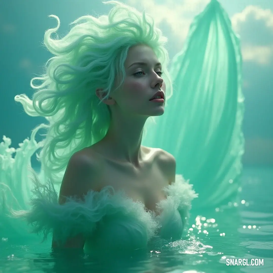 A graceful Undine with white hair, harmoniously adrift in tranquil waters alongside a charming green boat. A majestic Undine with cascading white hair floats serenely in the water, a charming green boat drifting gently in the background, creating a beautiful contrast.