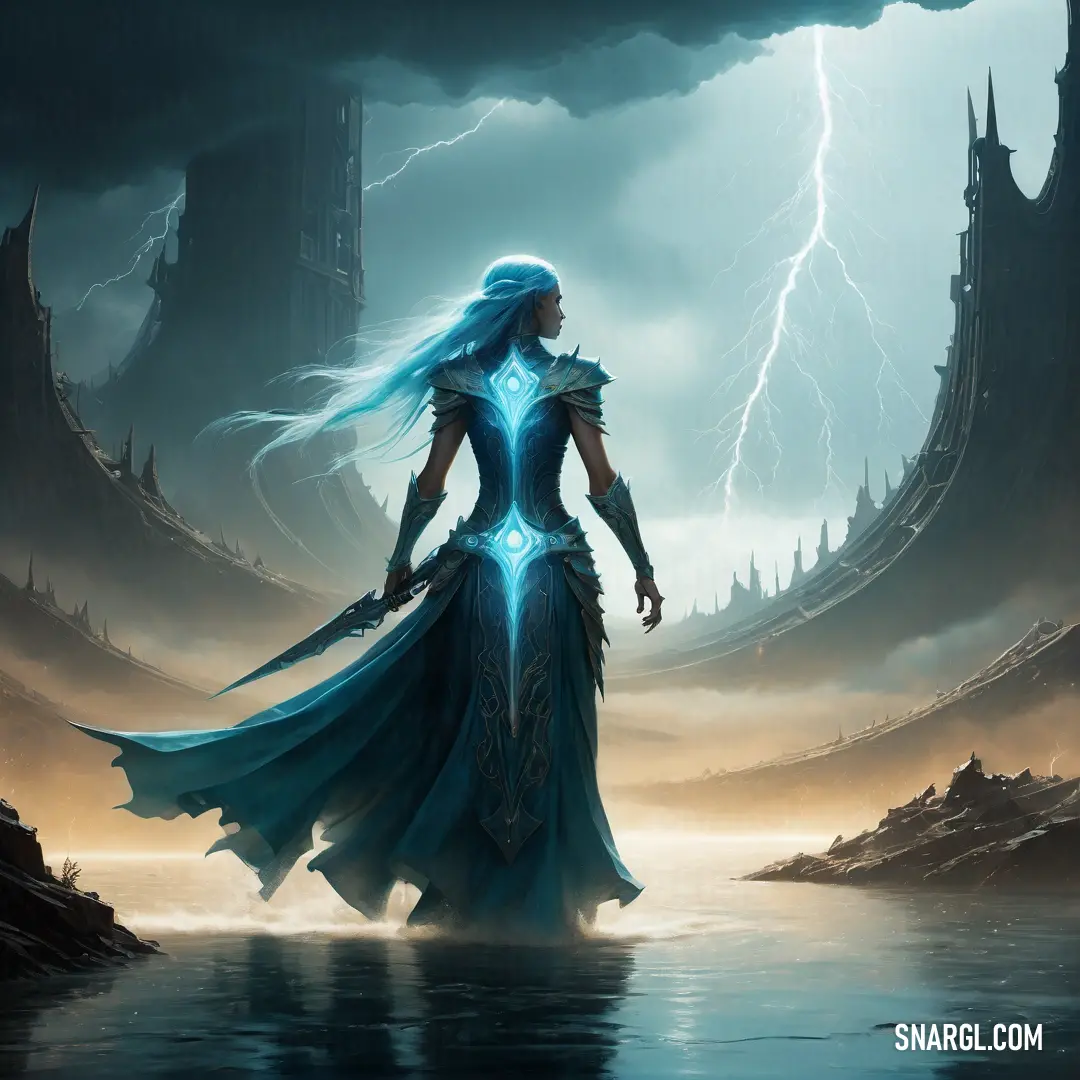 Undine in a blue dress standing in a lake with lightning in the background