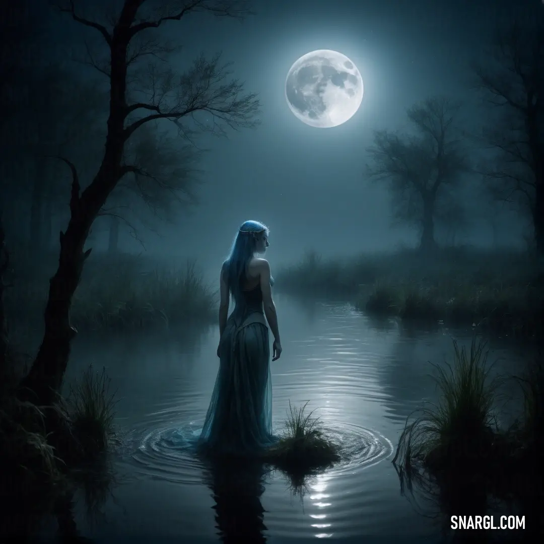 Undine in a blue dress standing in a lake at night with a full moon in the background and trees