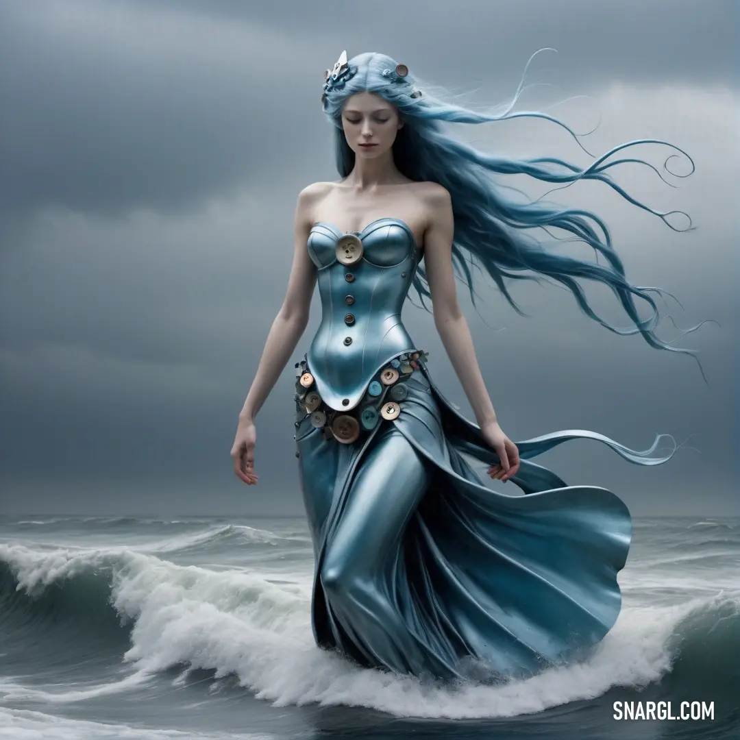 Undine in a blue dress standing in the ocean with her hair blowing in the wind and a bird on her head