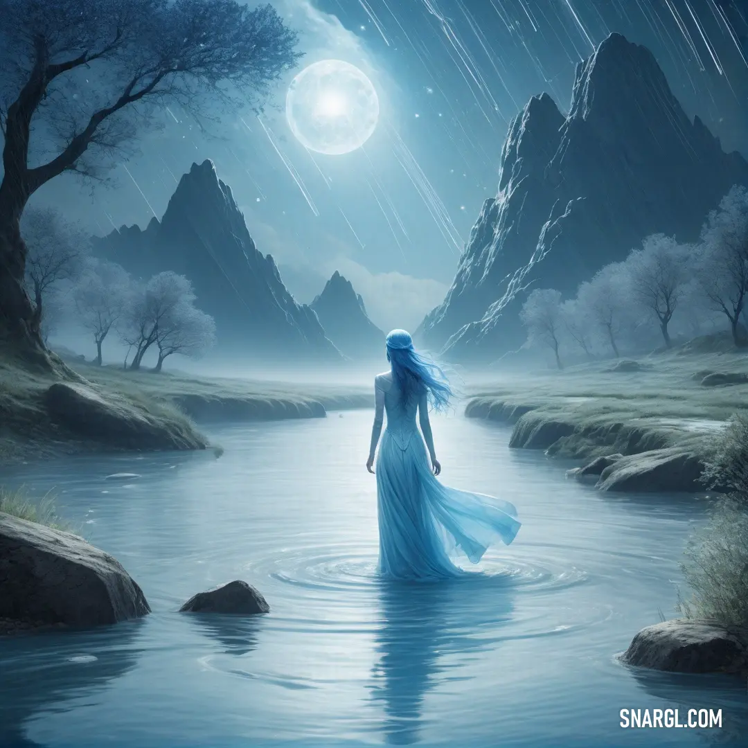Undine in a flowing dress is standing in the water with a mountain in the background and a full moon in the sky