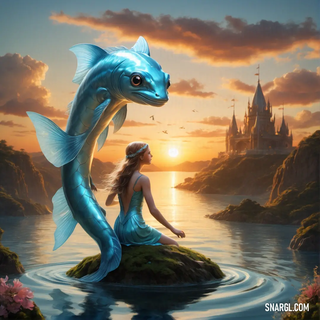 Undine on a rock in the water next to a fish statue in front of a castle at sunset