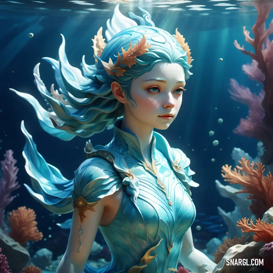 Undine with blue hair and a blue dress under water with corals and seaweeds around her