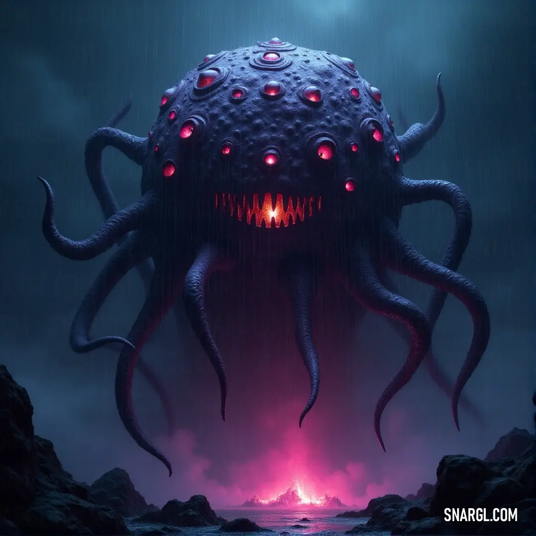A terrifying Unholy Eye in the water, its glowing red eyes and mouth emitting a foreboding red light, casting an eerie glow in the murky depths. A giant Unholy Eye rests in the water, its red eyes glowing with an intense, ominous light. The creature’s mouth opens, releasing a red light that pierces the surrounding darkness, creating an otherworldly aura.