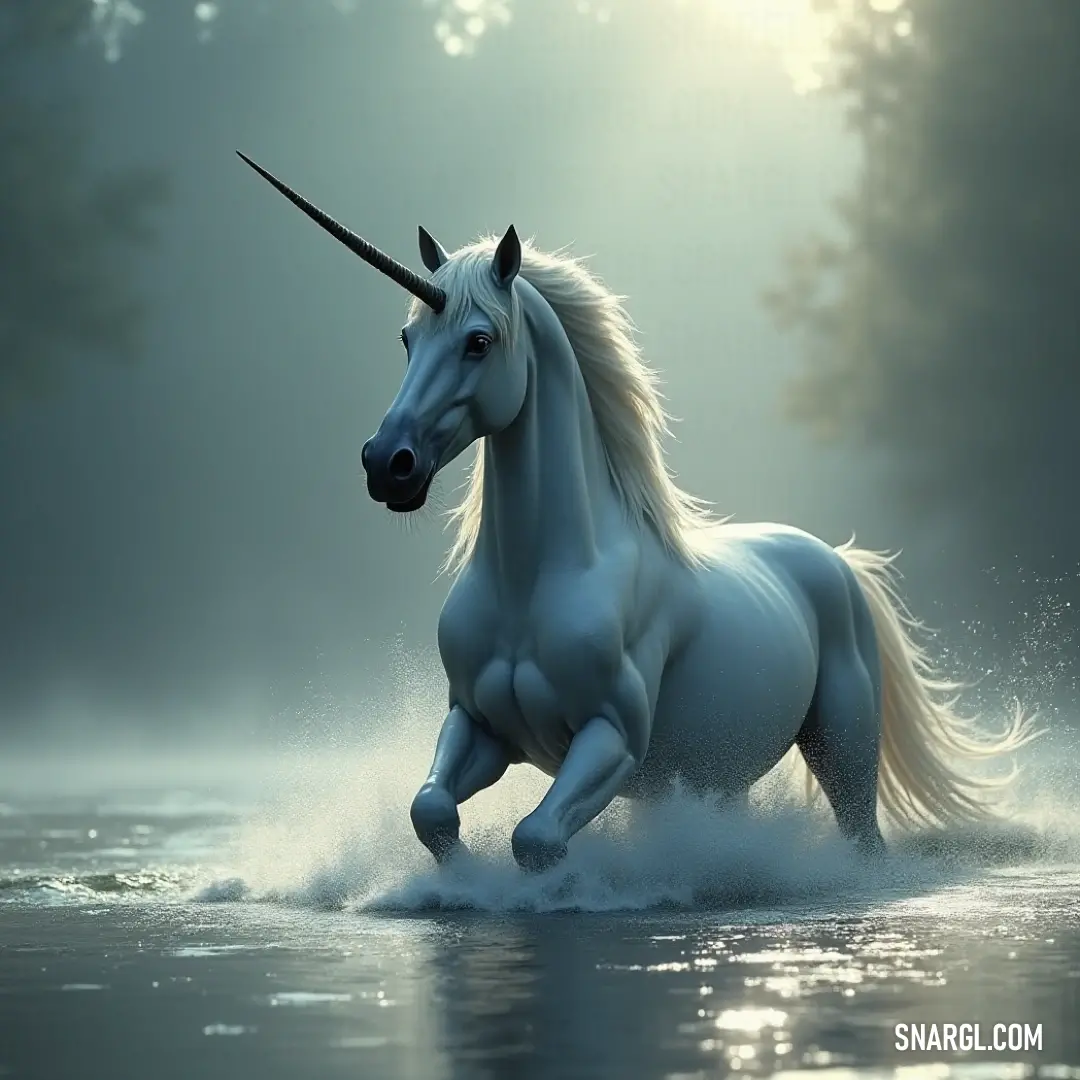 A white unicorn charges through a clear, tranquil stream, with lush trees lining the background. The water reflects its majestic form, creating a peaceful and stunning scene. A white unicorn races through a shimmering pool of water, its reflection mirrored perfectly on the surface as trees frame the scene. The harmony between the creature and nature creates a peaceful moment of beauty.