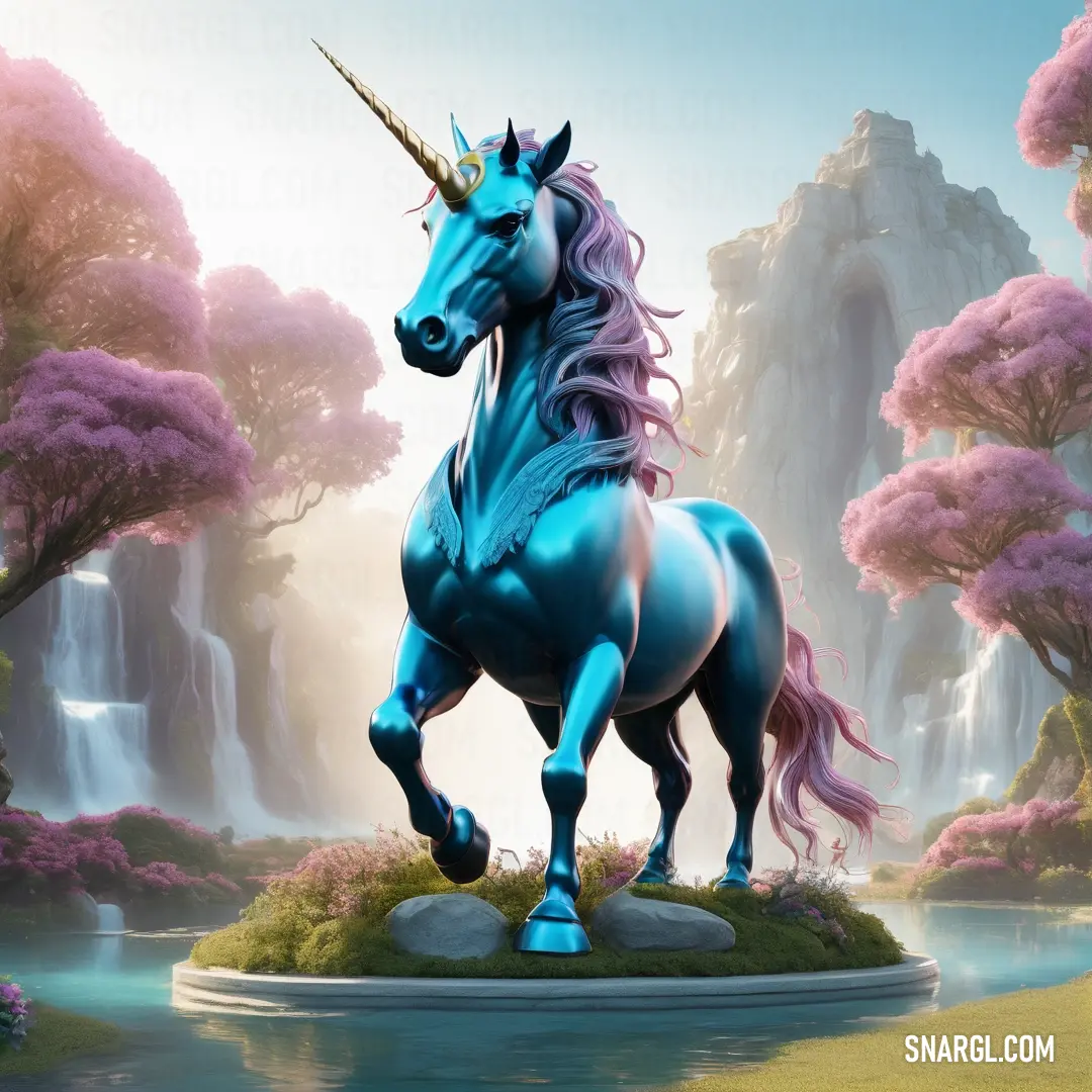 Blue unicorn statue standing on a rock in a park with waterfalls and trees in the background