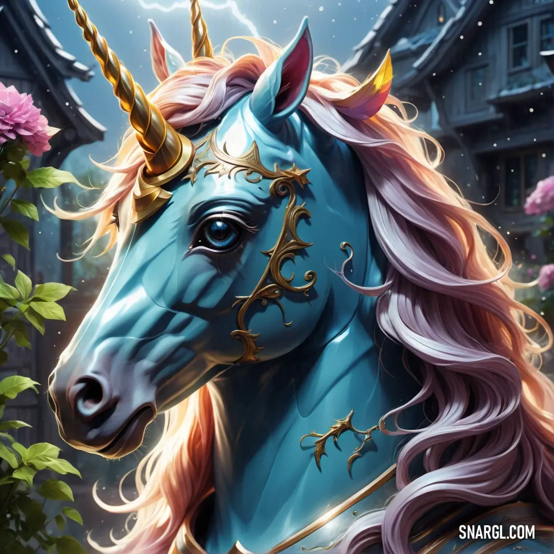 Blue unicorn with a gold horn and a pink mane standing in front of a building with a lightning bolt