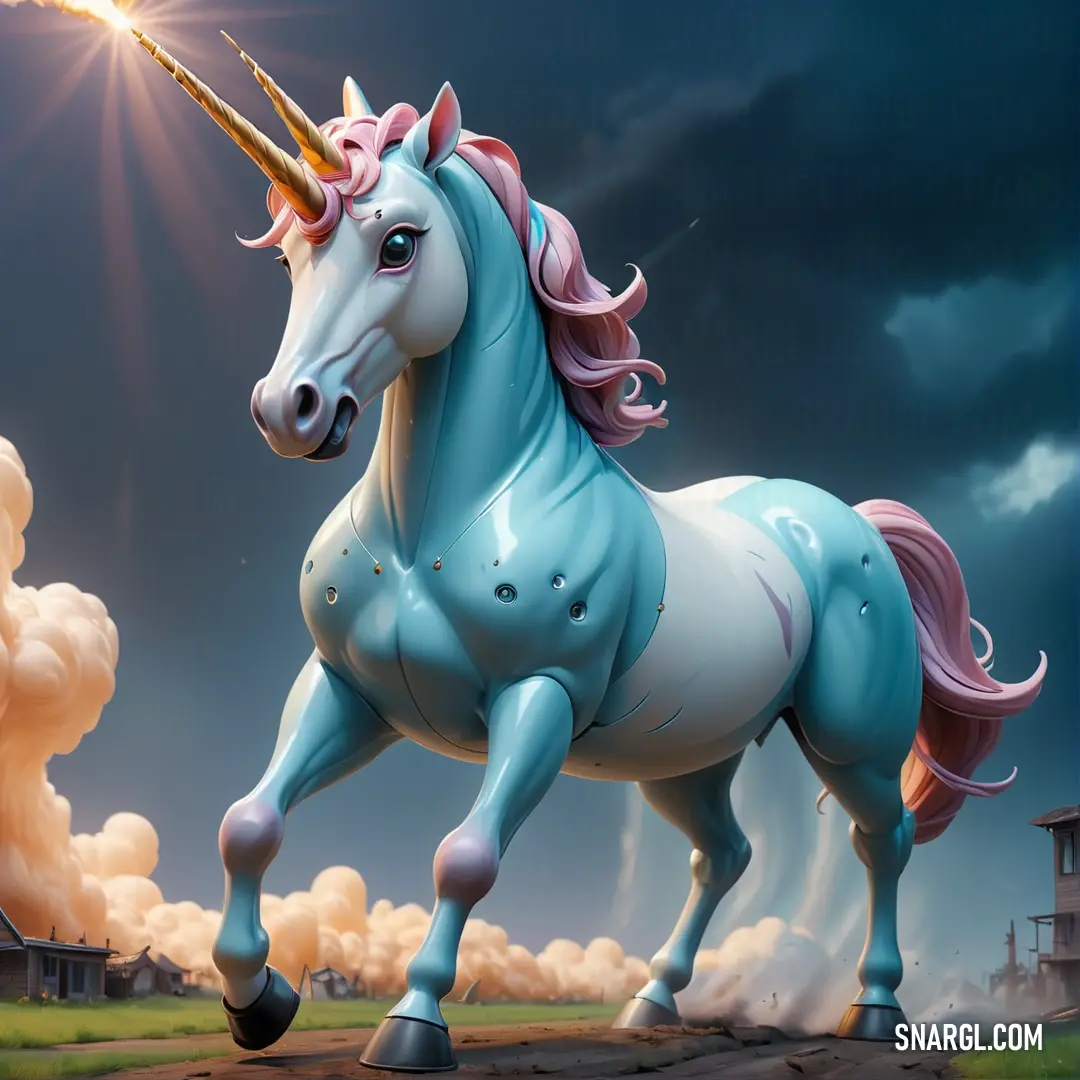 Blue unicorn with a pink mane and a long horn standing in a field with a building in the background