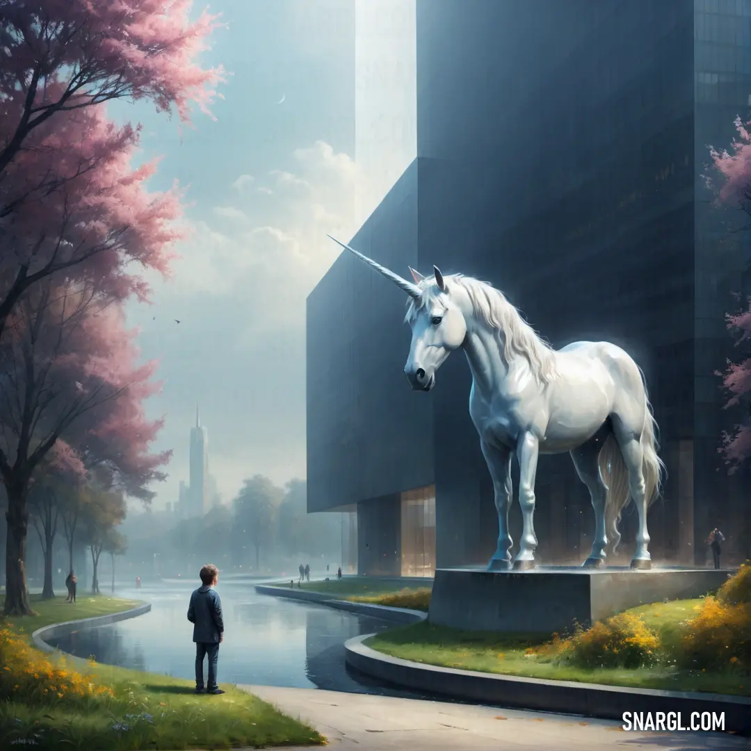 Unicorn standing next to a white unicorn statue in a park with trees and flowers in the background