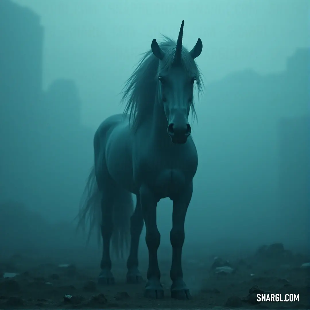 A unicorn stands in a foggy area, its long horn shimmering in the mist. Dim buildings loom in the background, adding to the sense of mystery and intrigue as the creature stands like a guardian in the fog.