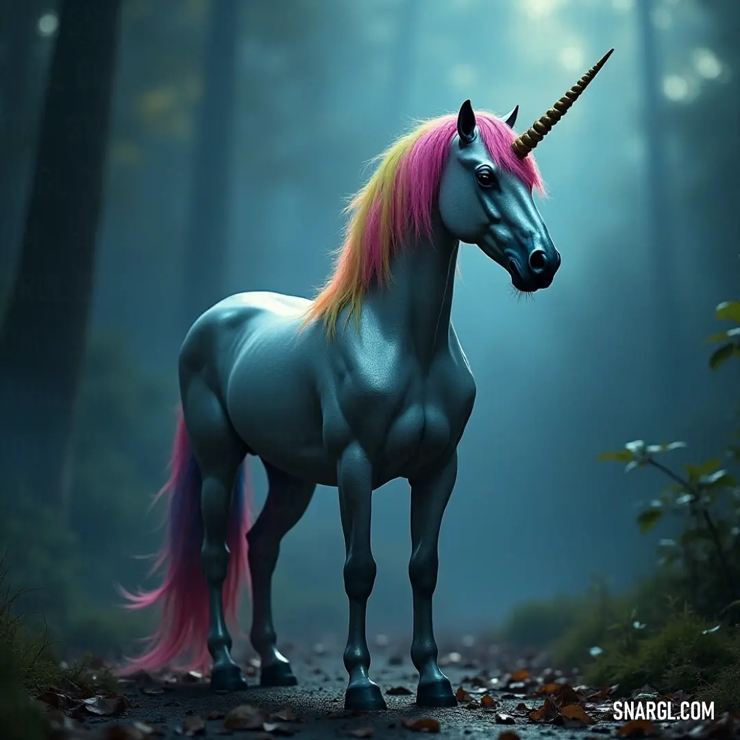 A unicorn with a soft pink mane stands in the heart of a forest, surrounded by leaves on the ground and trees stretching up into the sky, creating a serene and magical atmosphere.