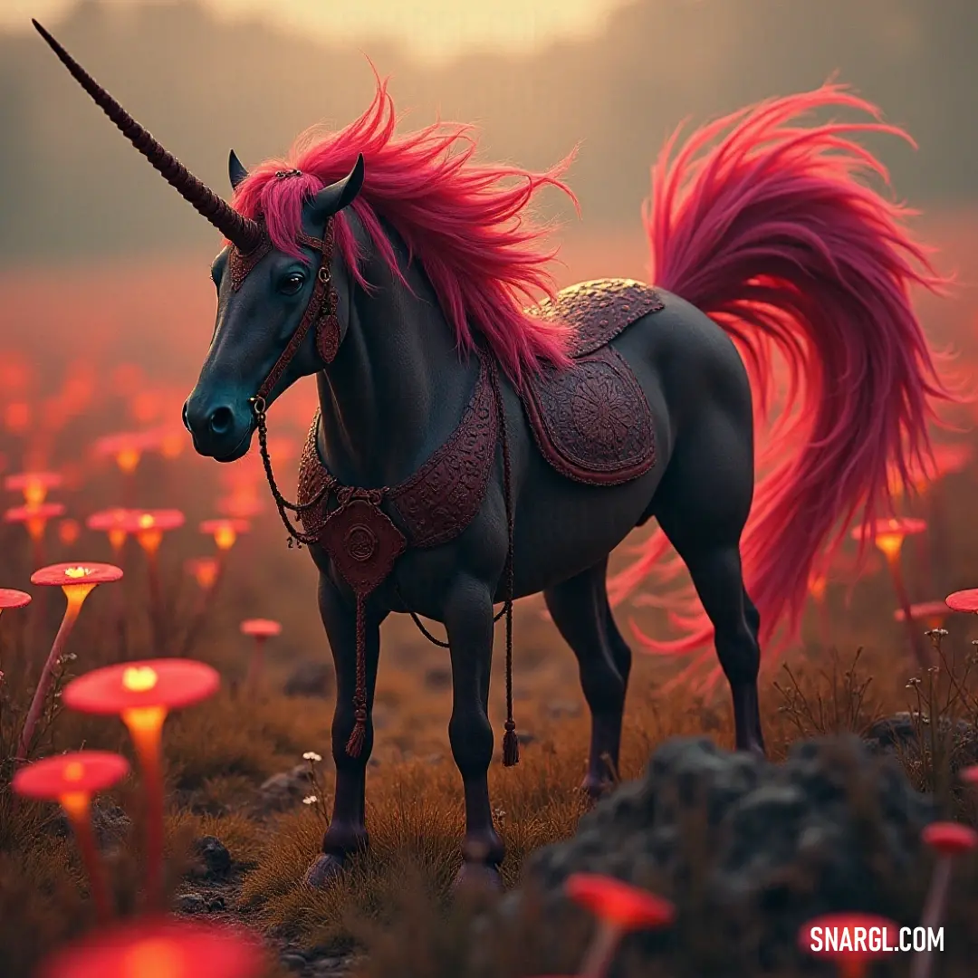 A pink-haired unicorn stands in a whimsical field of mushrooms, its red mane and tail contrasting against the bright colors of the mushrooms that surround it. The scene is playful and vibrant, filled with magical energy.