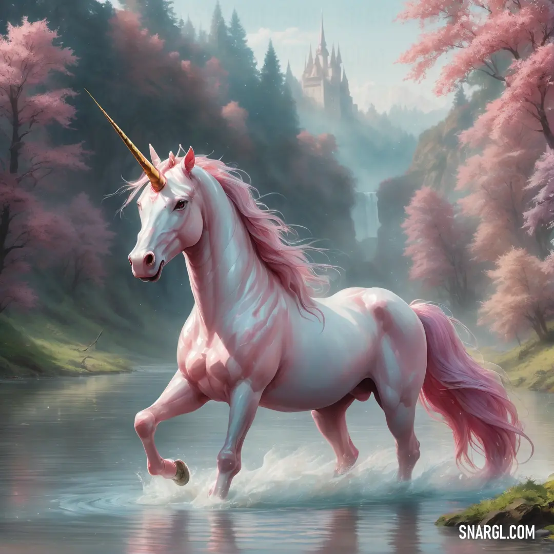 Unicorn is running through a river with a castle in the background