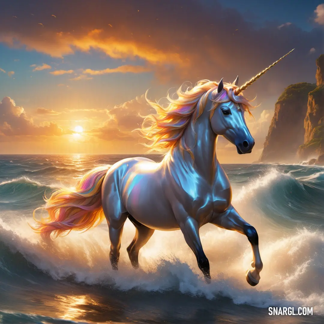 Unicorn is running through the water with a sunset in the background