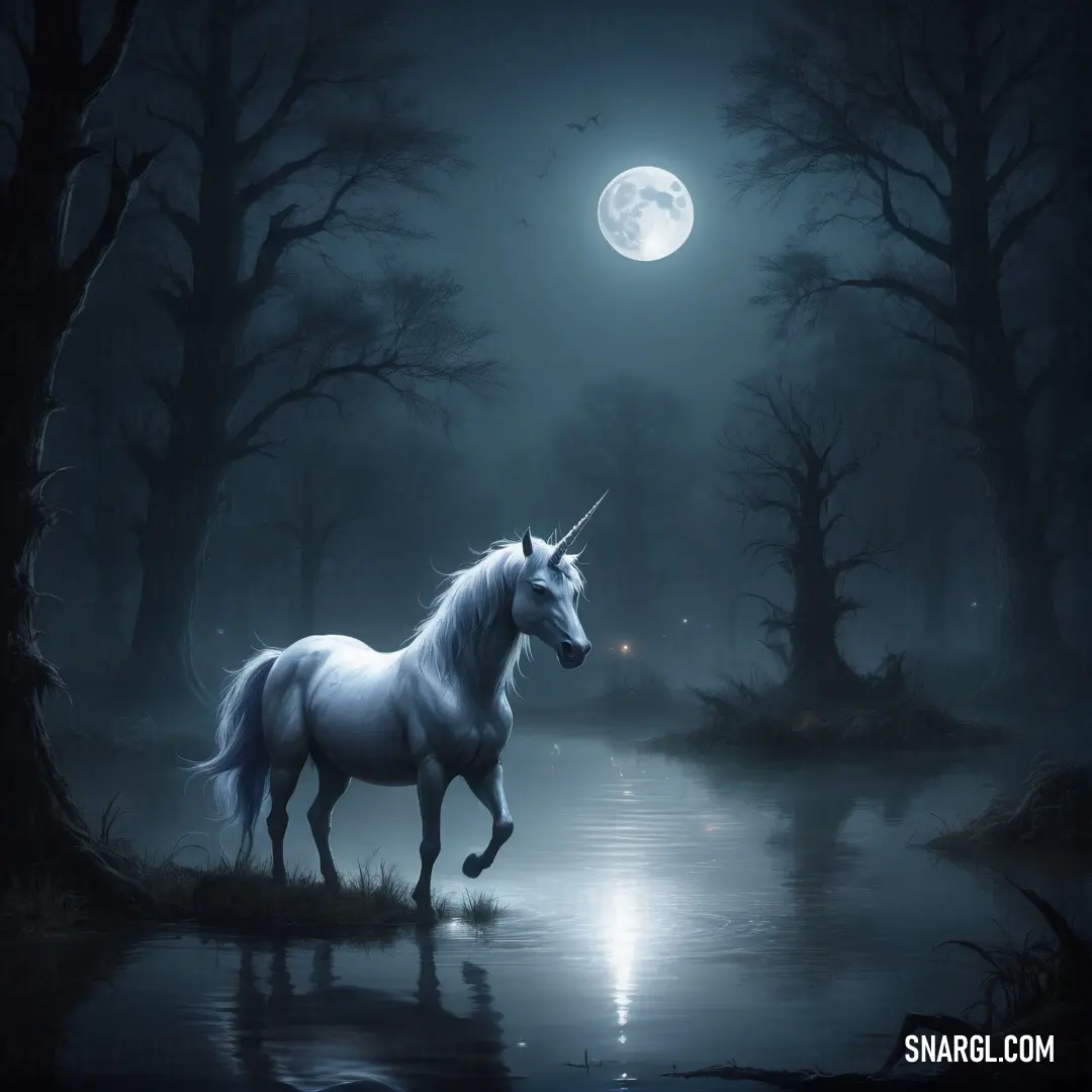 Unicorn is standing in the water at night with a full moon in the background