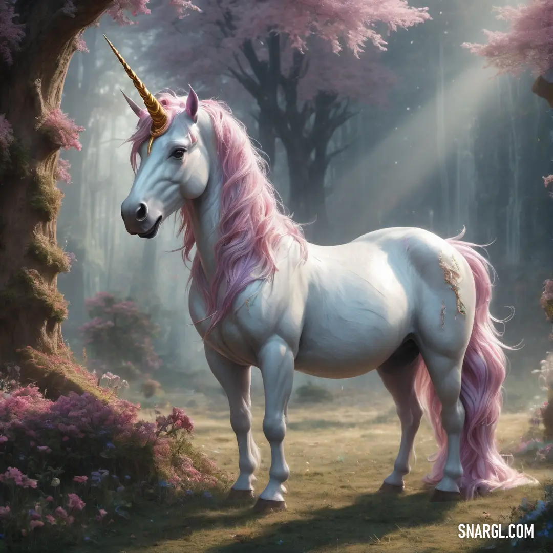 Unicorn standing in a forest with pink flowers and trees in the background