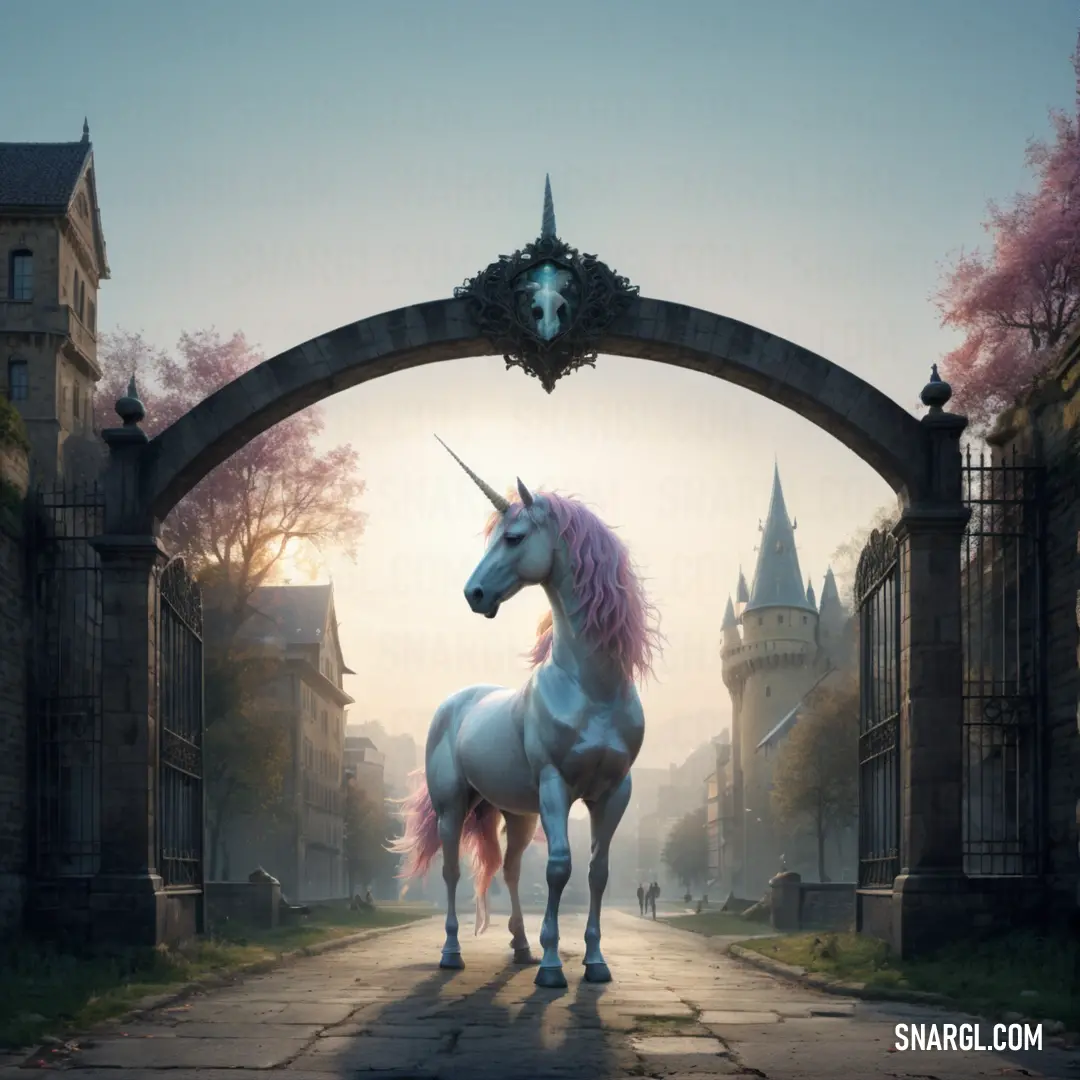 Unicorn standing in the middle of a street with a castle in the background